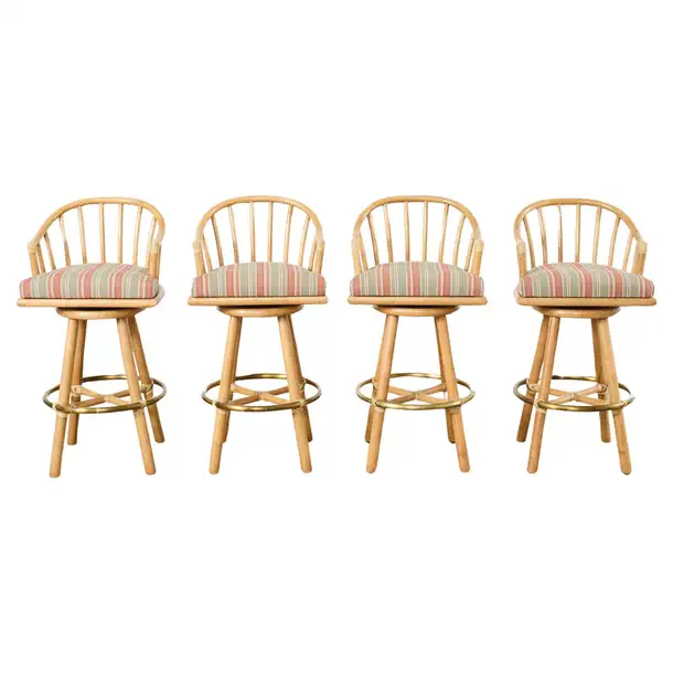 Set of Four McGuire Organic Modern Rattan Oak Swivel Barstools