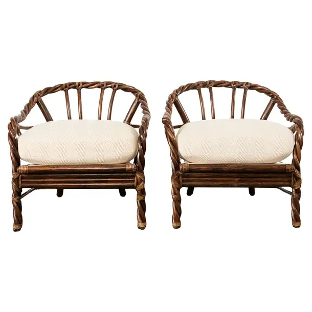 Pair of McGuire Organic Modern Twisted Rattan Lounge Chairs