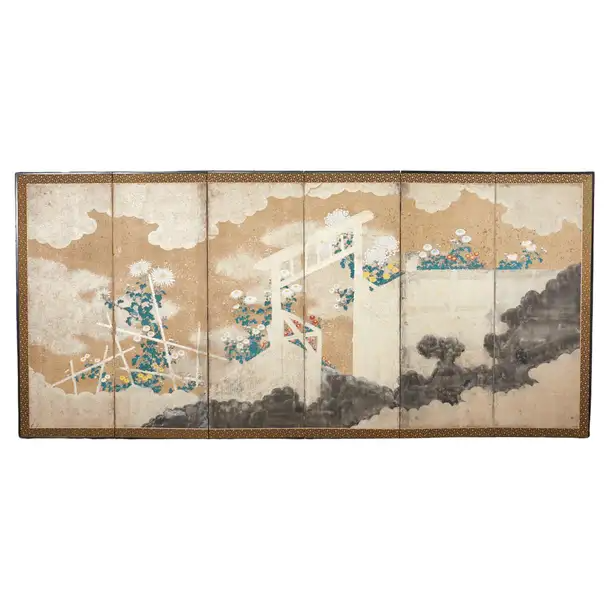 Japanese Meiji Six Panel Screen Brushwood Gate with Chrysanthemums