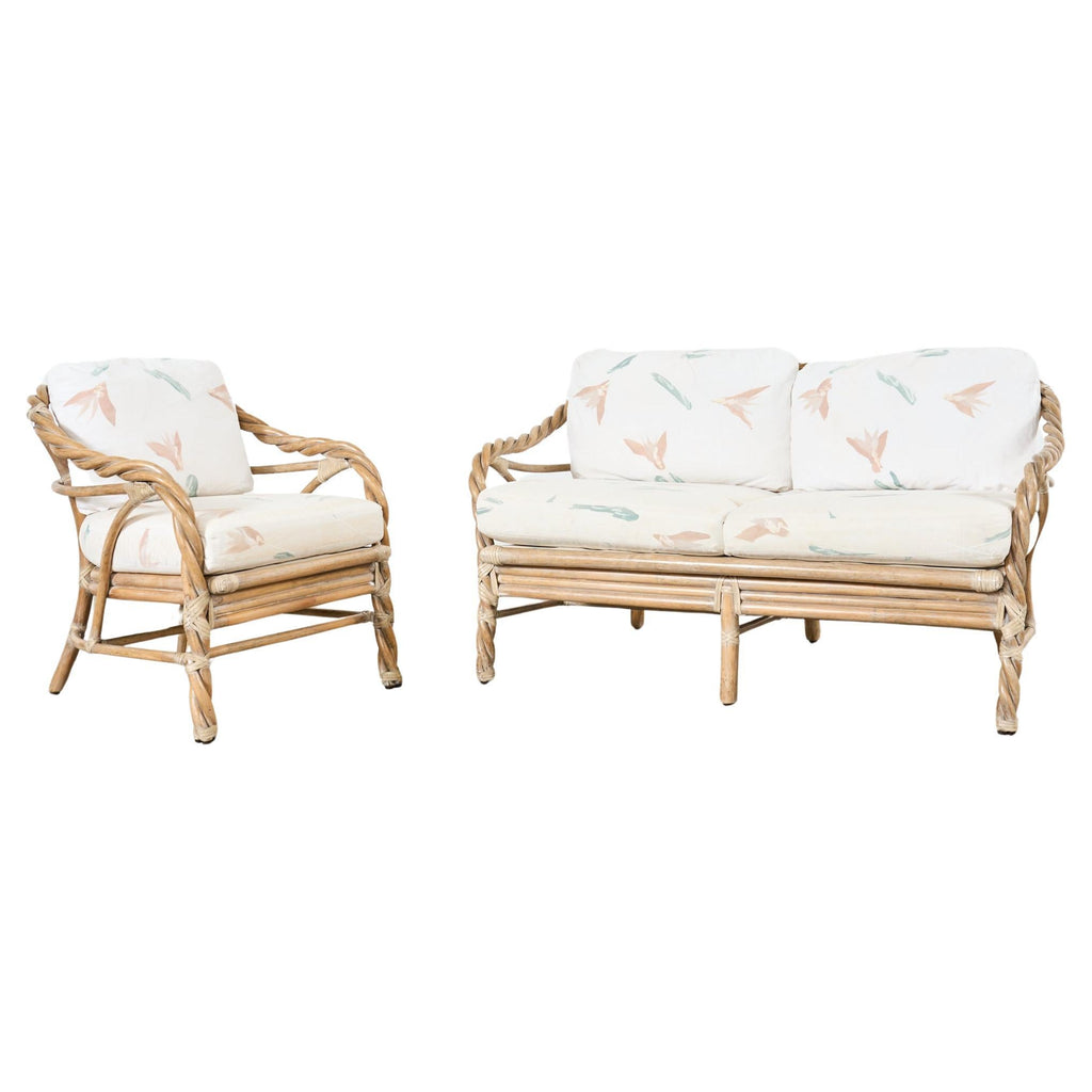 McGuire Cerused Twisted Rattan Settee and Lounge Chair