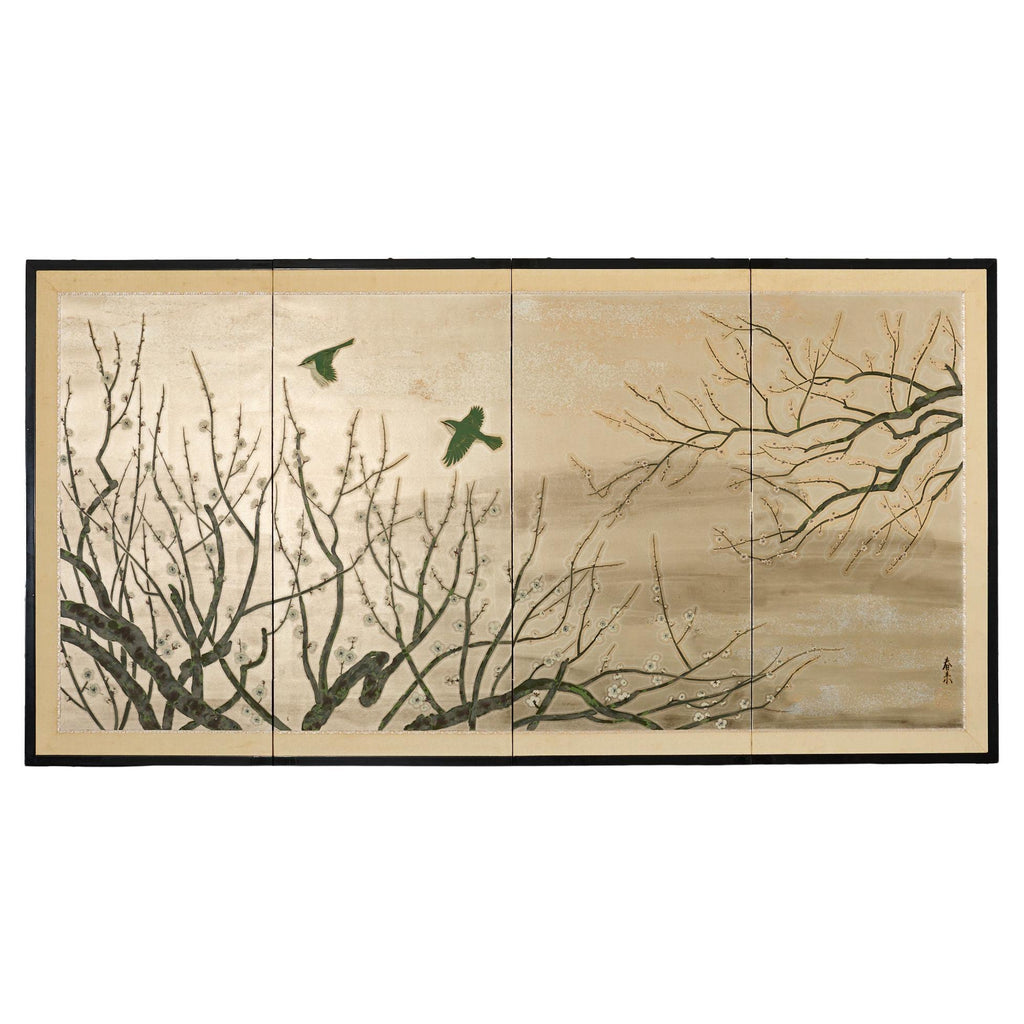 Japanese Showa Four Panel Screen Prunus with Songbirds