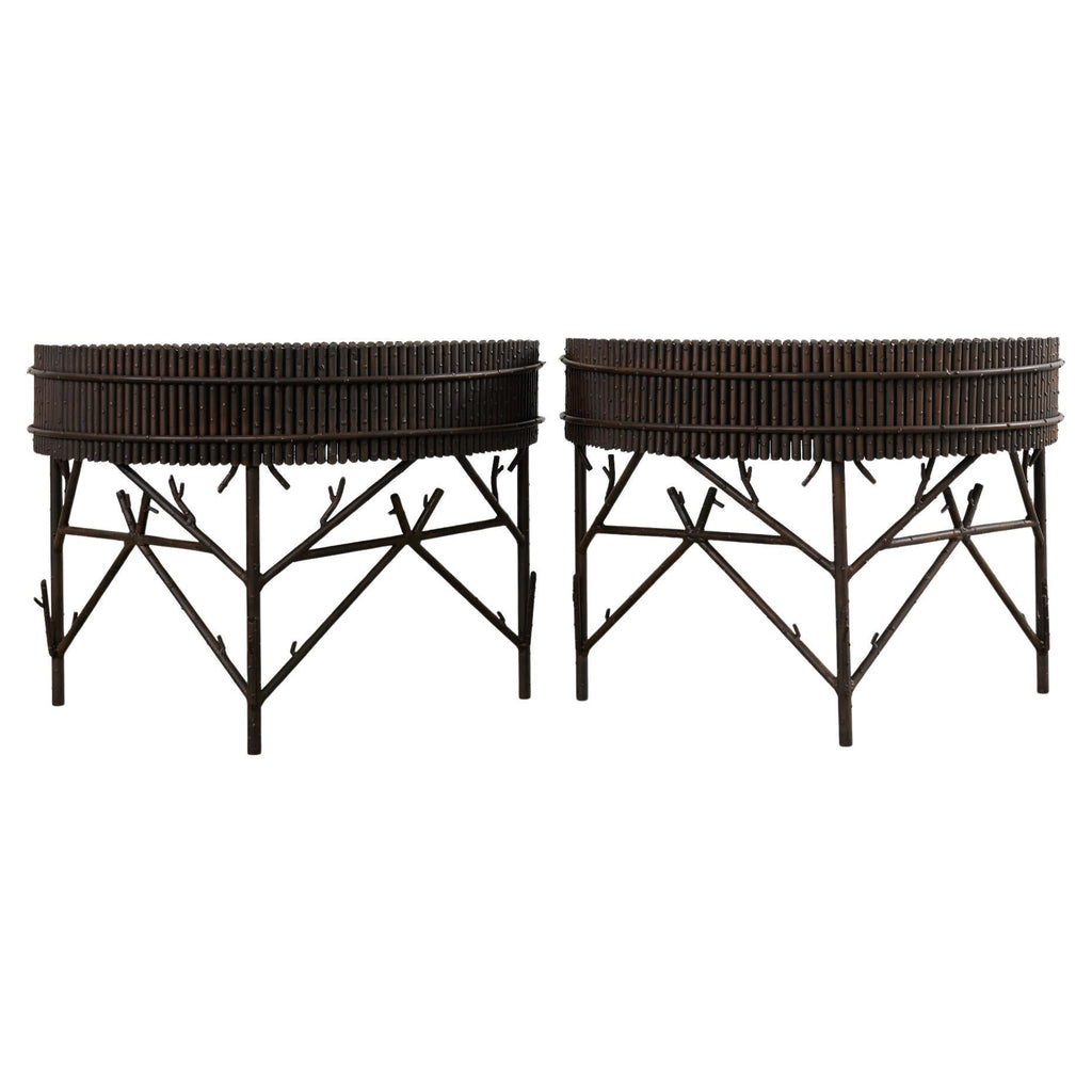 Pair of Faux Bamboo Bronzed Iron Demilune Planter Jardinieres