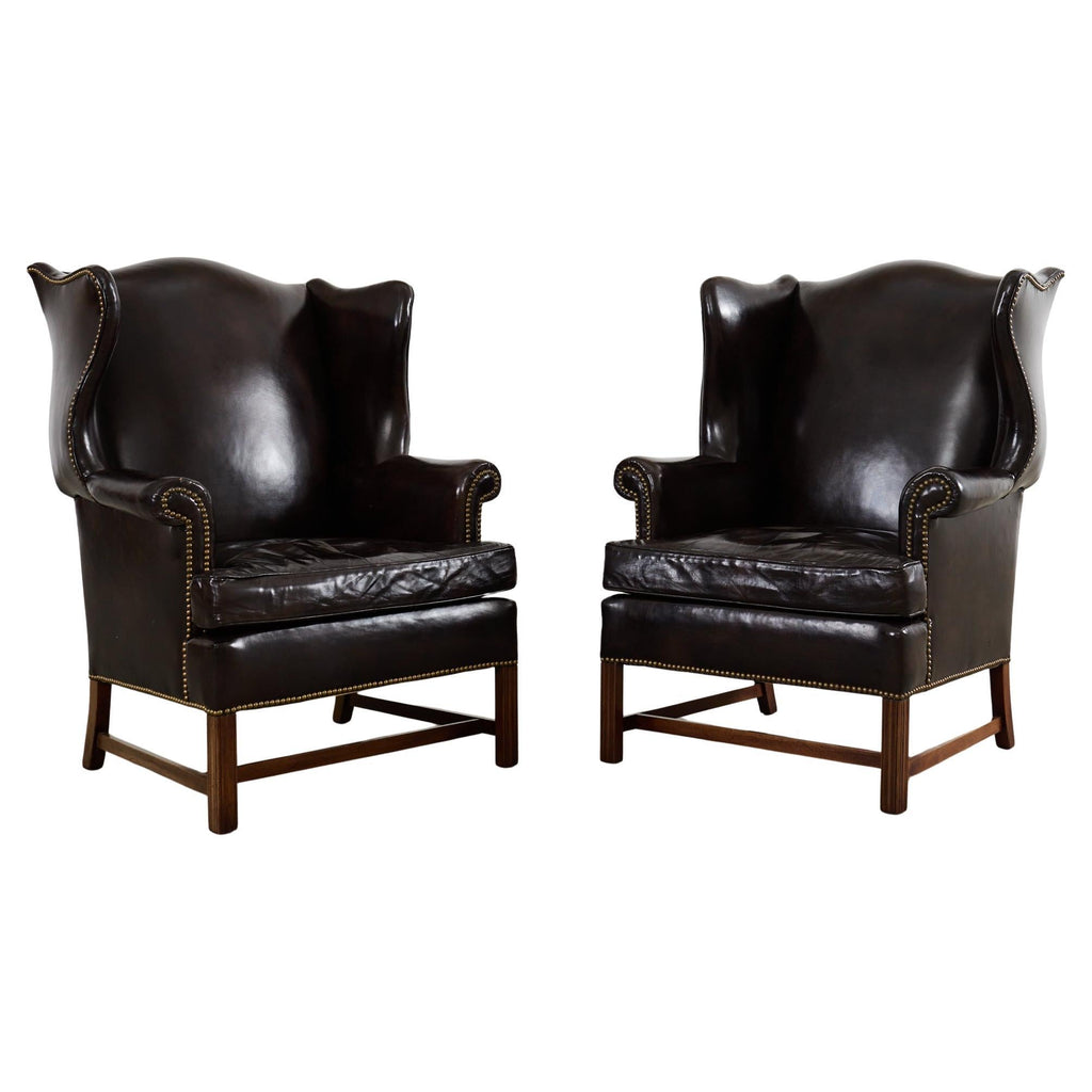 Pair of Georgian Style Cigar Leather Wingback Library Chairs