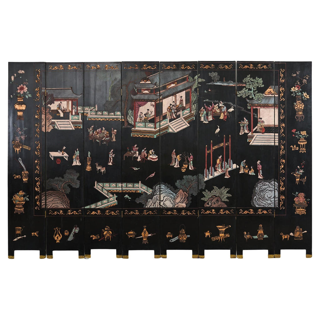 Chinese Export Eight Panel Coromandel Screen Pagoda Courtyard