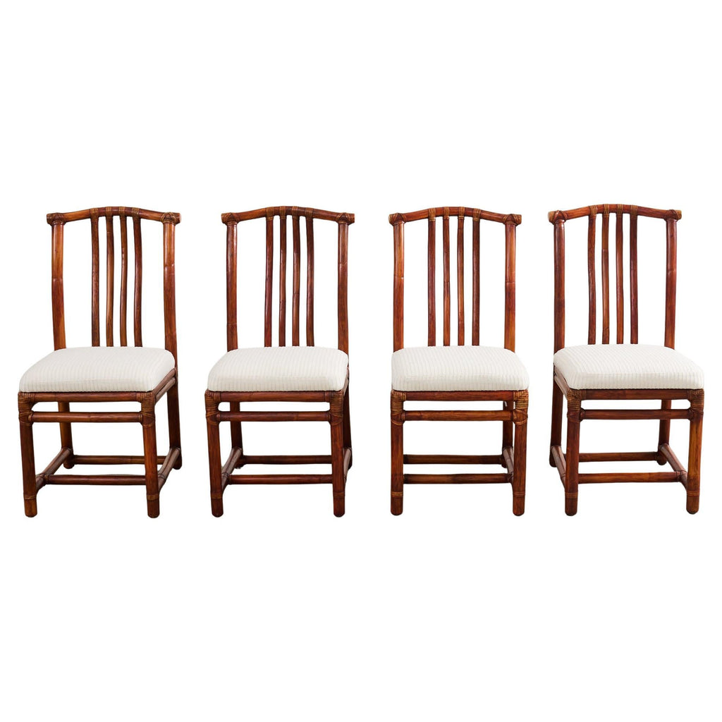 Set of Four McGuire Rattan Chinese Officials Hat Dining Chairs