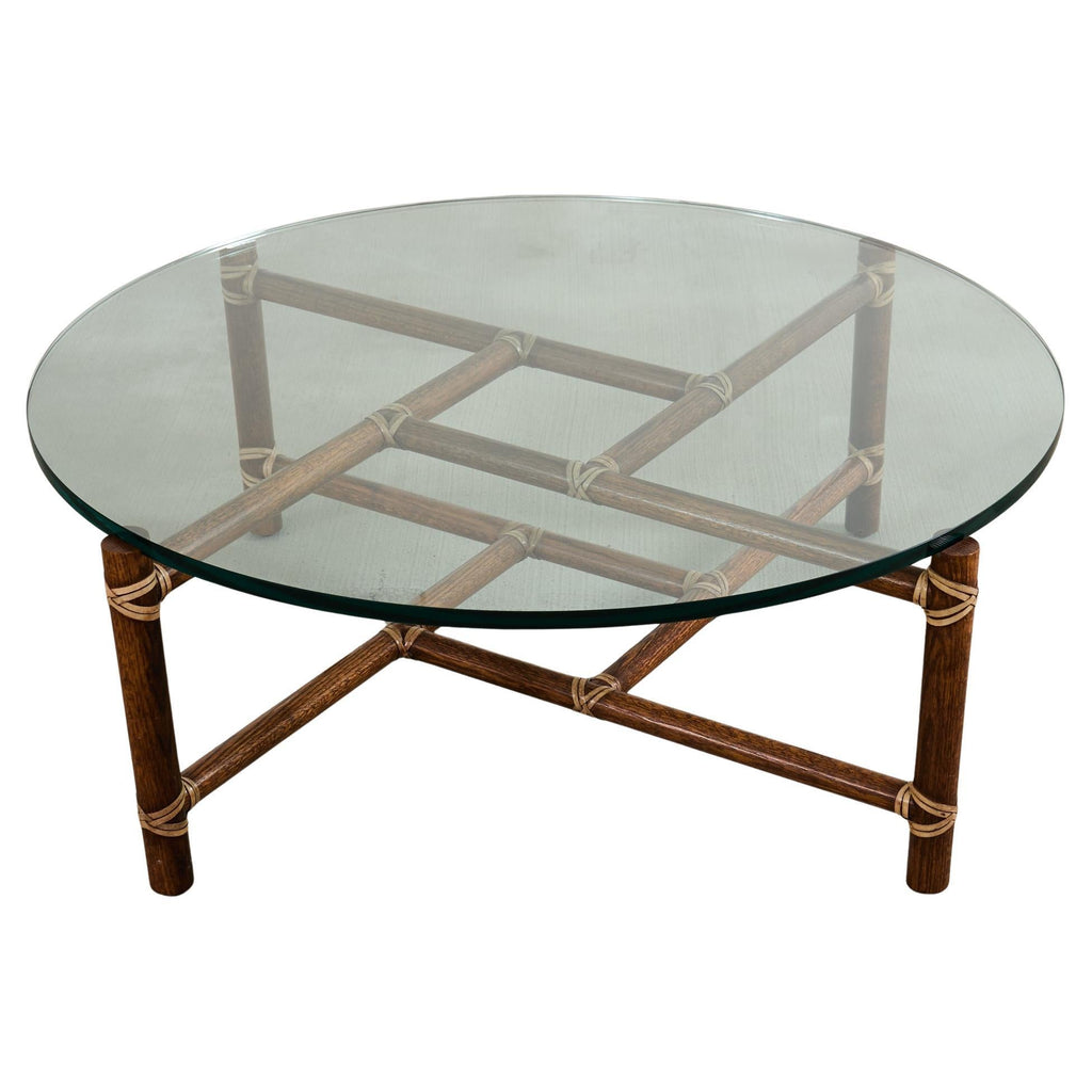 McGuire Round Oak Leather Glass Top Cocktail Table