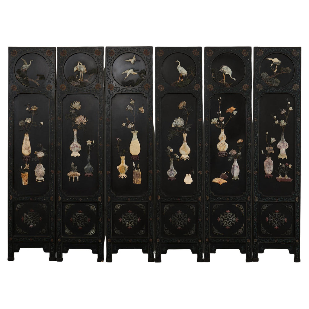 Chinese Six-Panel Carved Hardstone Lacquered Coromandel Screen