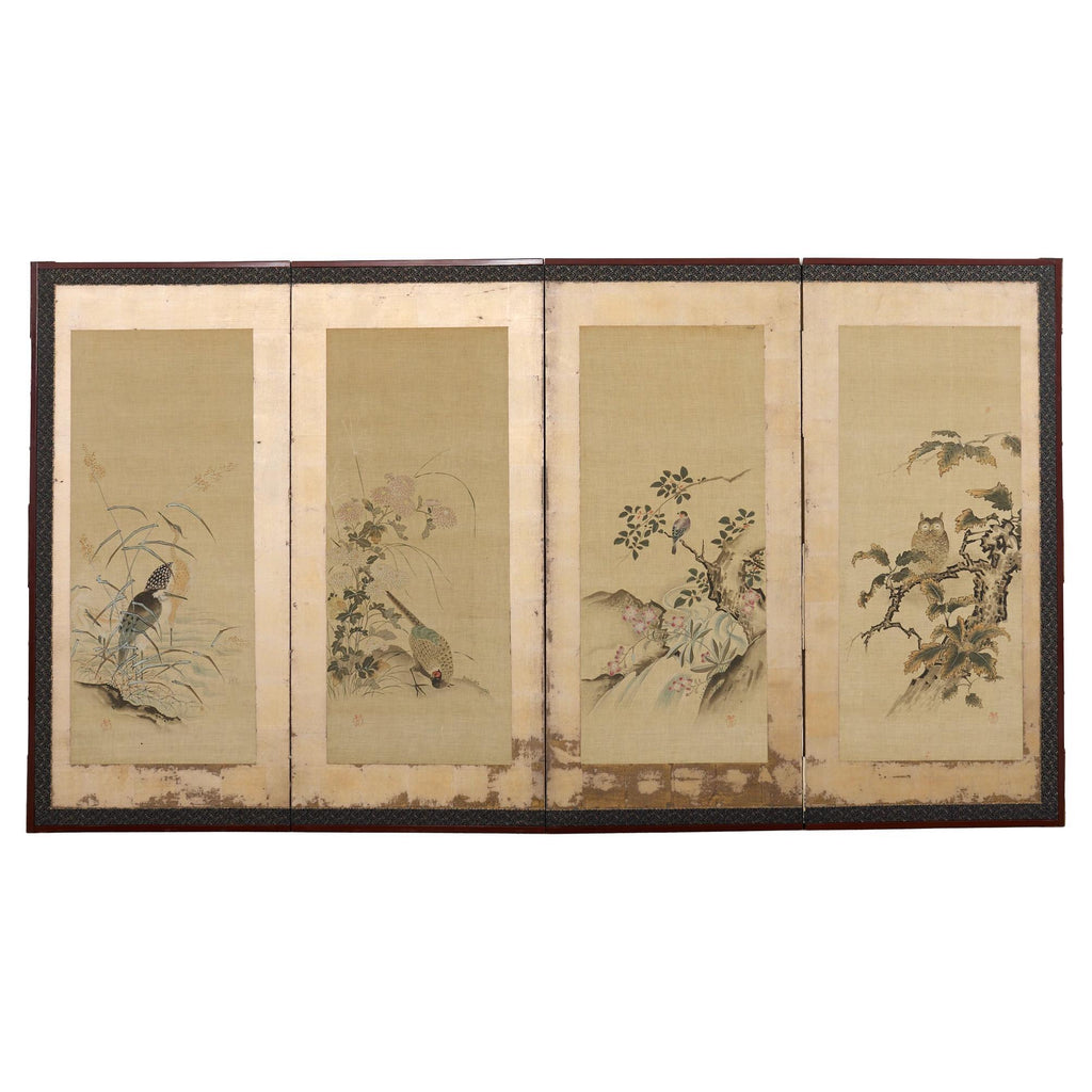 Japanese Kano School Four Panel Screen Birds and Owl