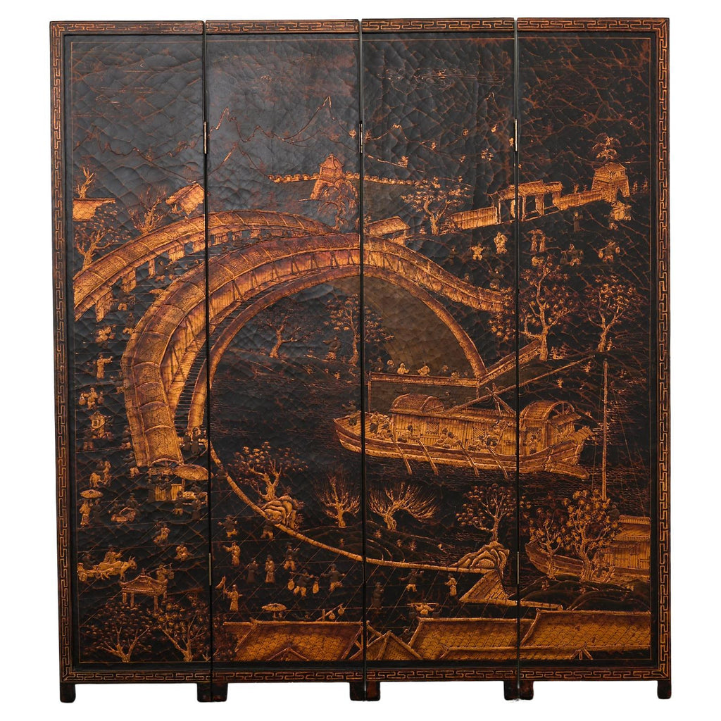 Chinese Export Four Panel Coromandel Style Screen Ancient Bridge