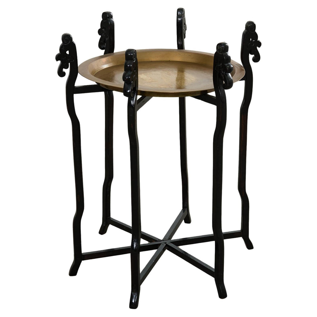 Midcentury Asian Brass Tray Drink Table Hexagonal Folding Stand
