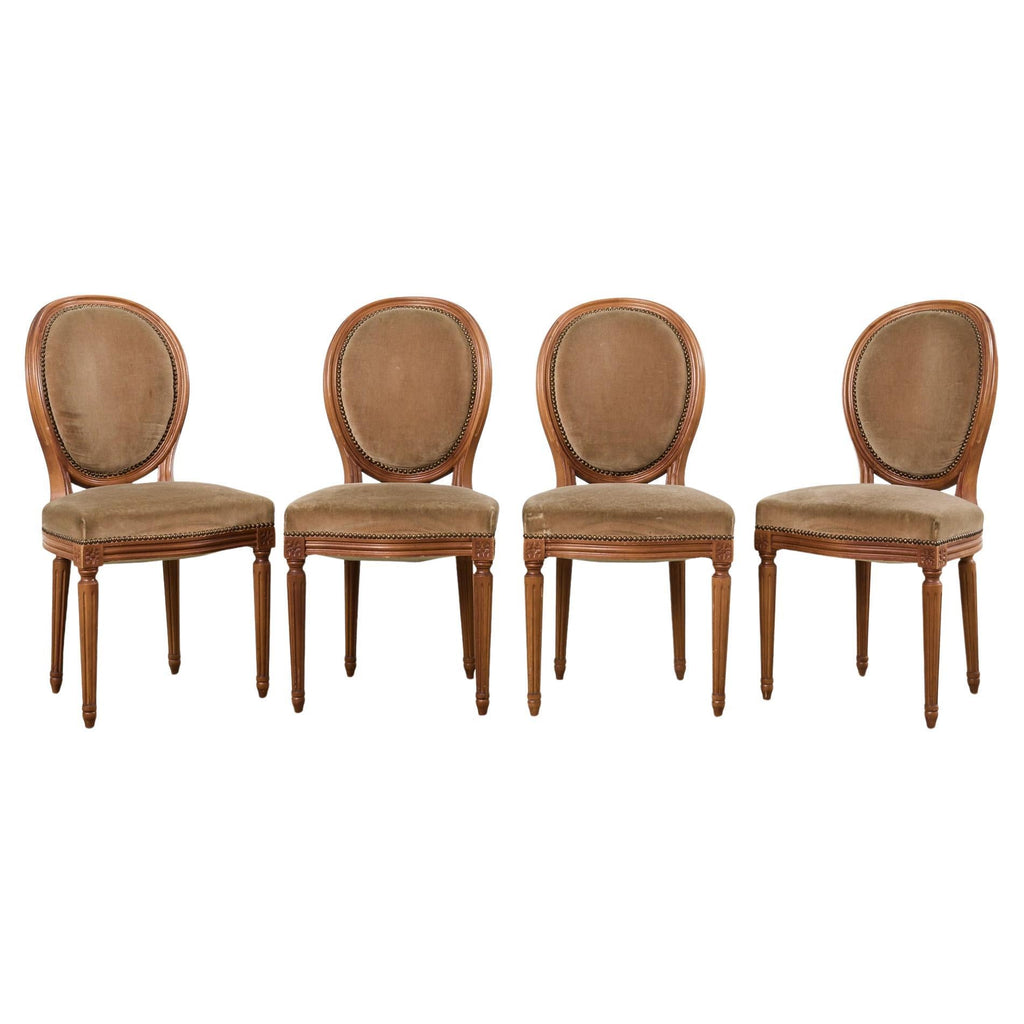 Set of Four French Louis XVI Style Dining Chairs with Brown Mohair