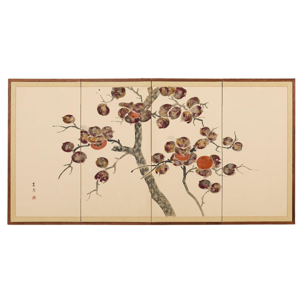 Japanese Showa Four Panel Screen Fruiting Pomegranate Tree