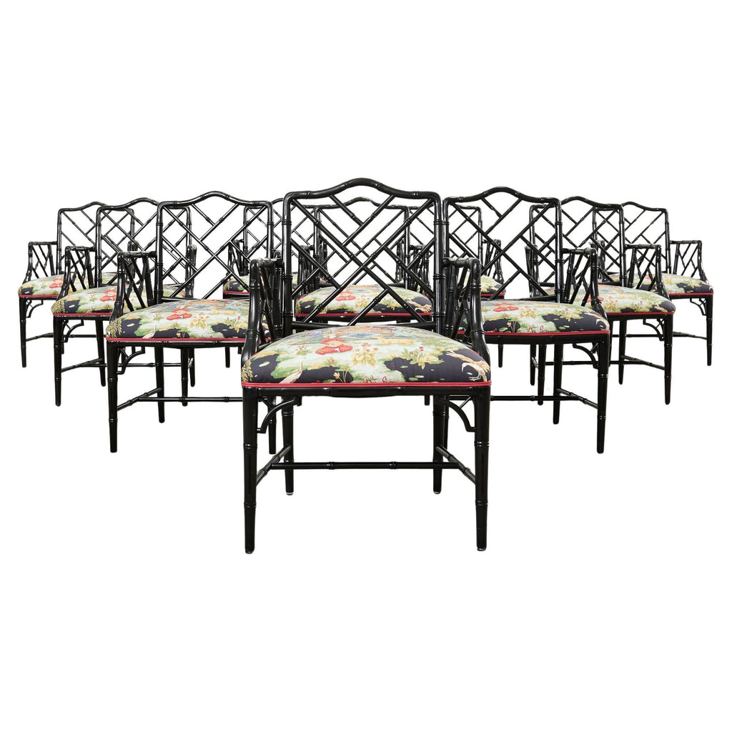 Set of Ten Chinese Chippendale Lacquered Faux Bamboo Dining Chairs