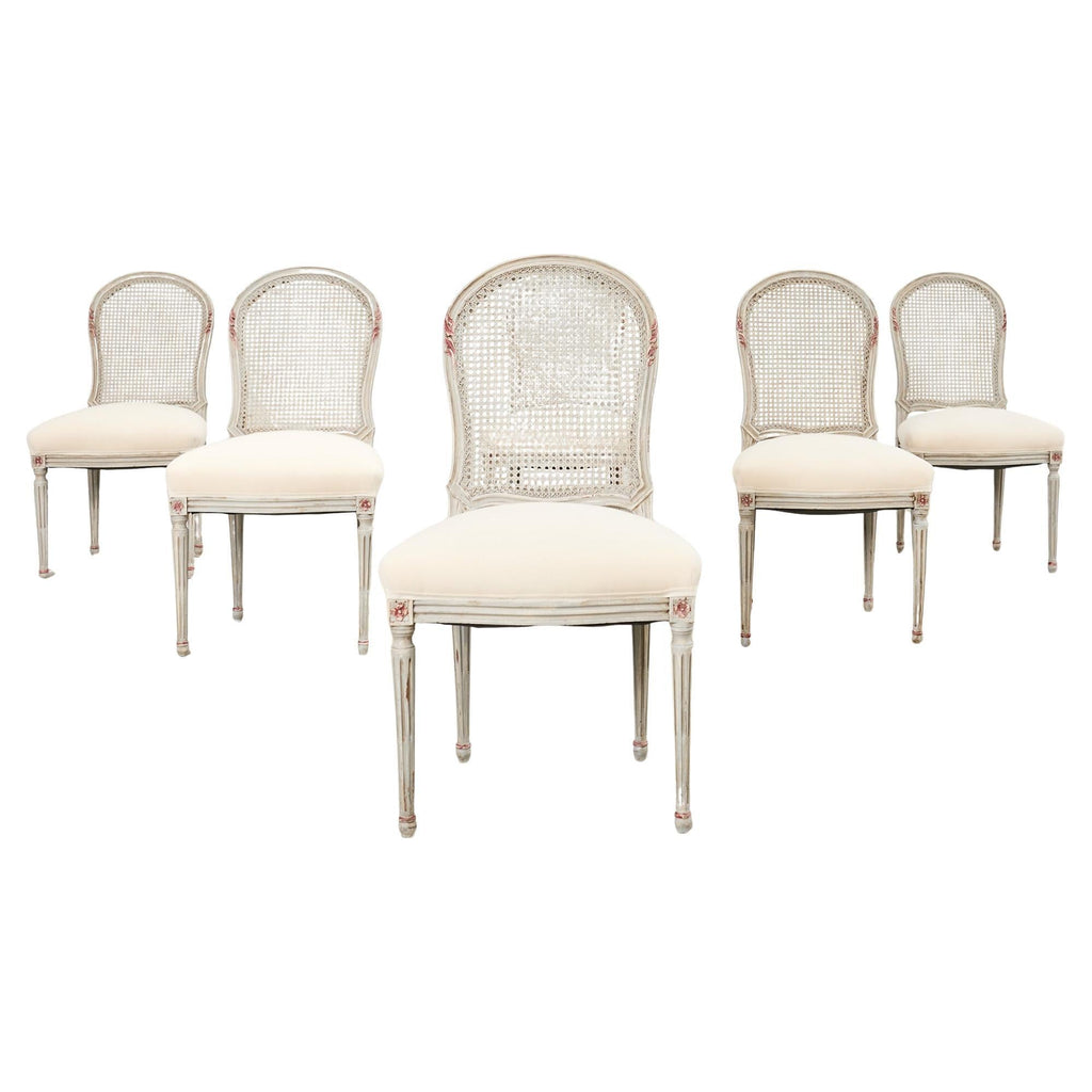 Set of Six Swedish Gustavian Style Painted Cane Dining Chairs