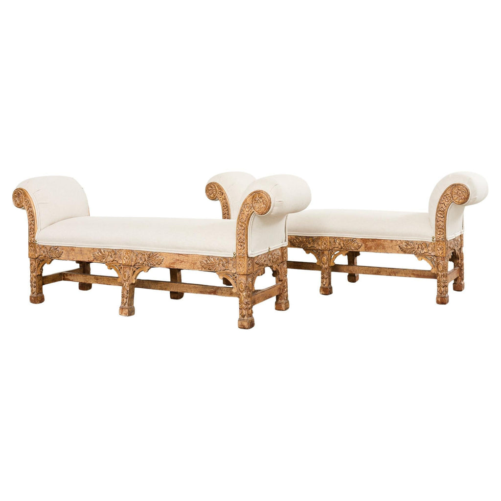 Pair of Italian Baroque Style Scroll Arm Benches 5 Ft.