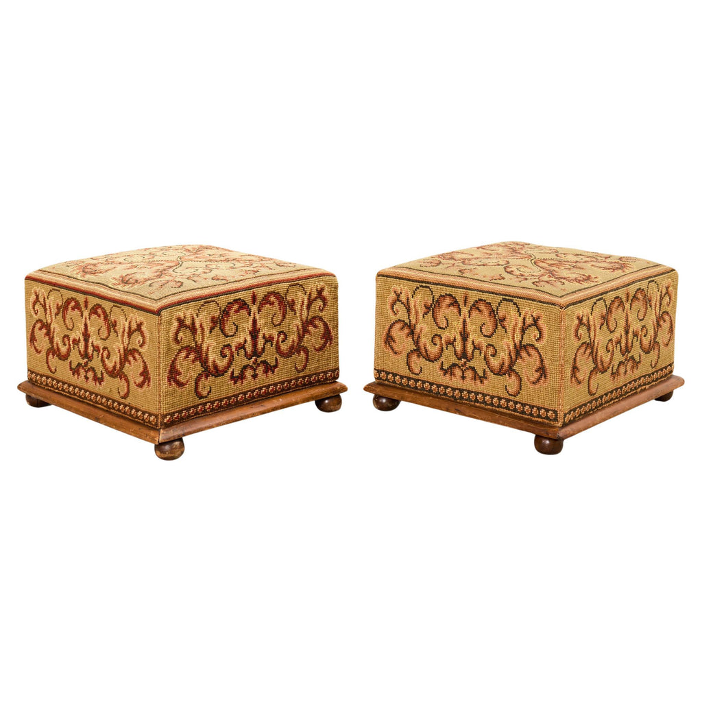 Pair of 19th Century Victorian Needlepoint Square Footstools