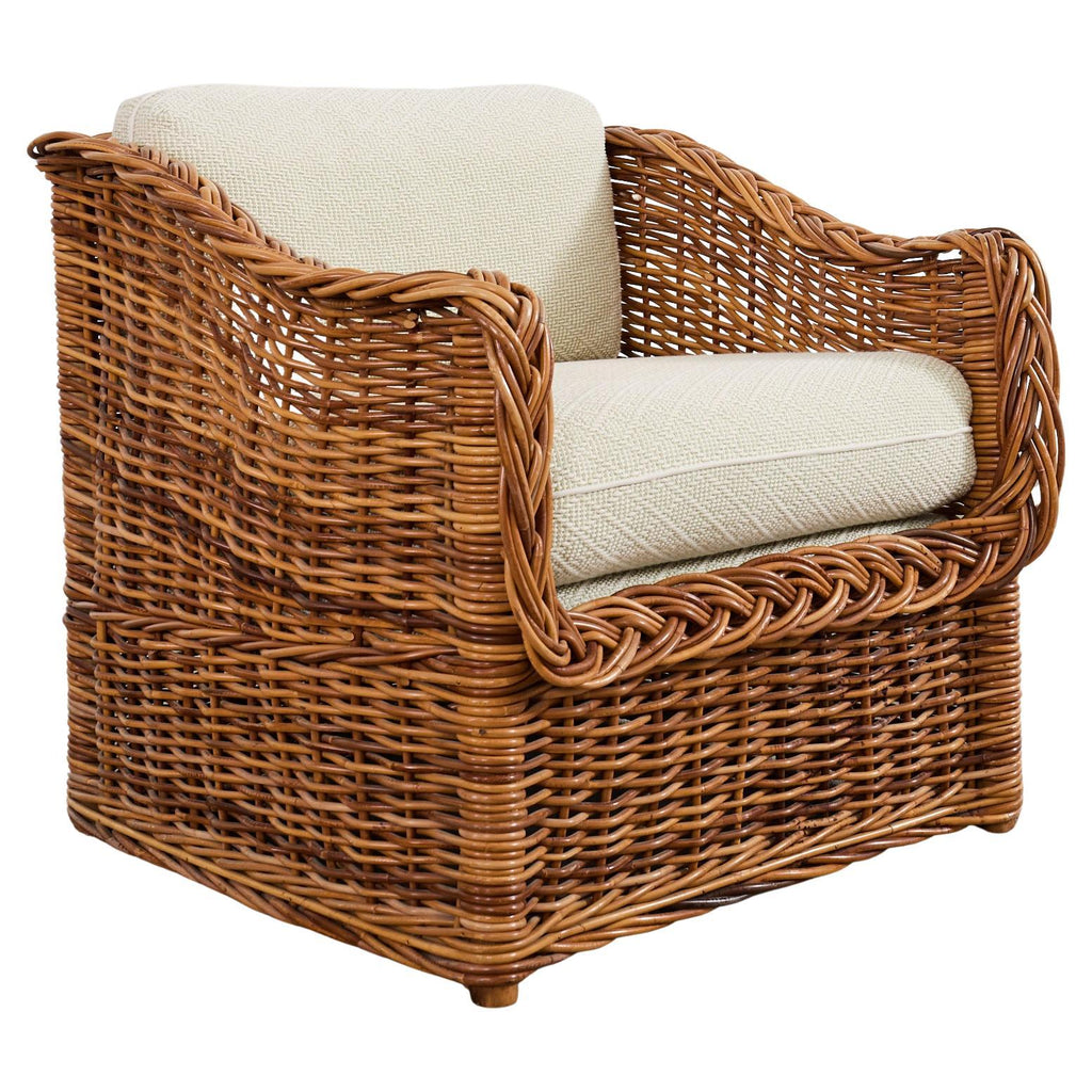 Michael Taylor Style Wicker Rattan Armchair in Scalamandre