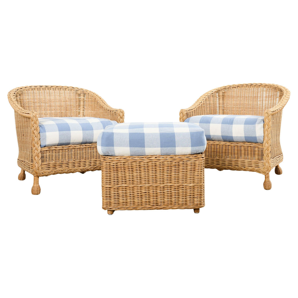 Pair of McGuire Rattan Wicker Lounge Chairs and Ottoman