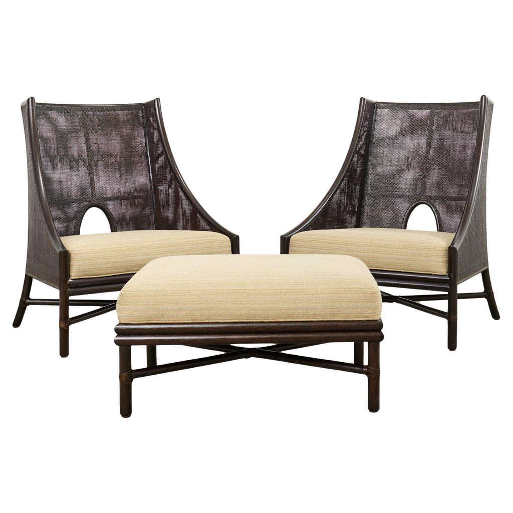 Pair of Barbara Barry for McGuire Caned Lounge Chairs and Ottoman