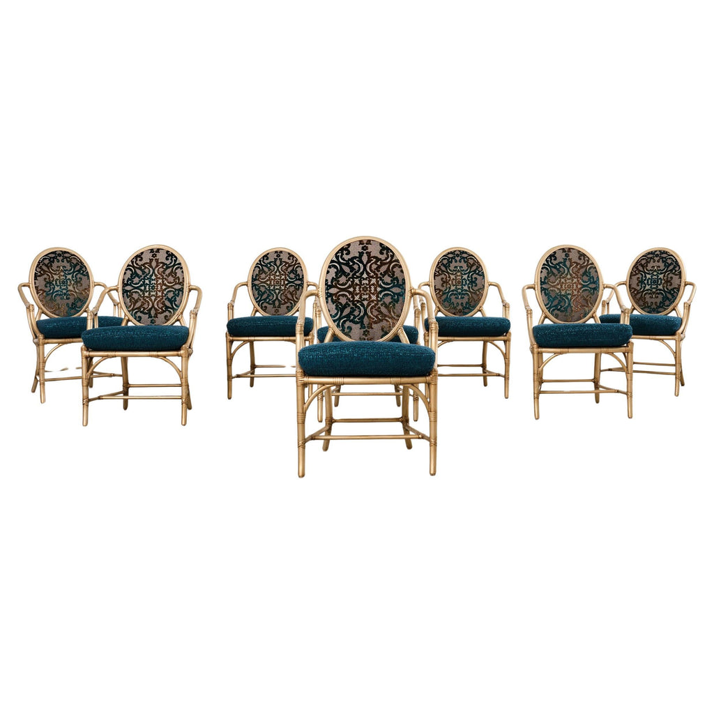 Set of Eight McGuire Gilt Rattan Caned Dining Chairs