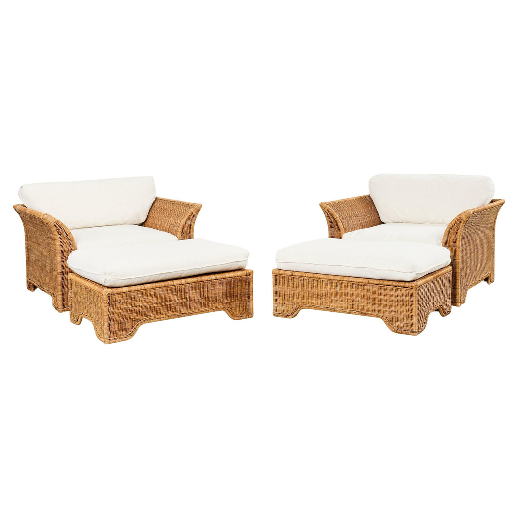 Pair of Hollywood Regency Wicker Lounge Chairs + Ottomans