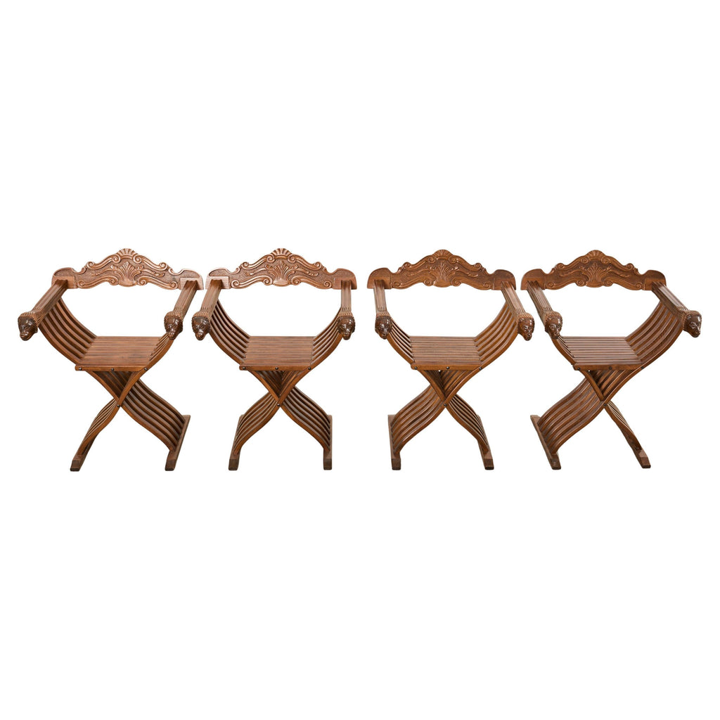 Set of Four Italian Baroque Lion Head Savonarola Chairs