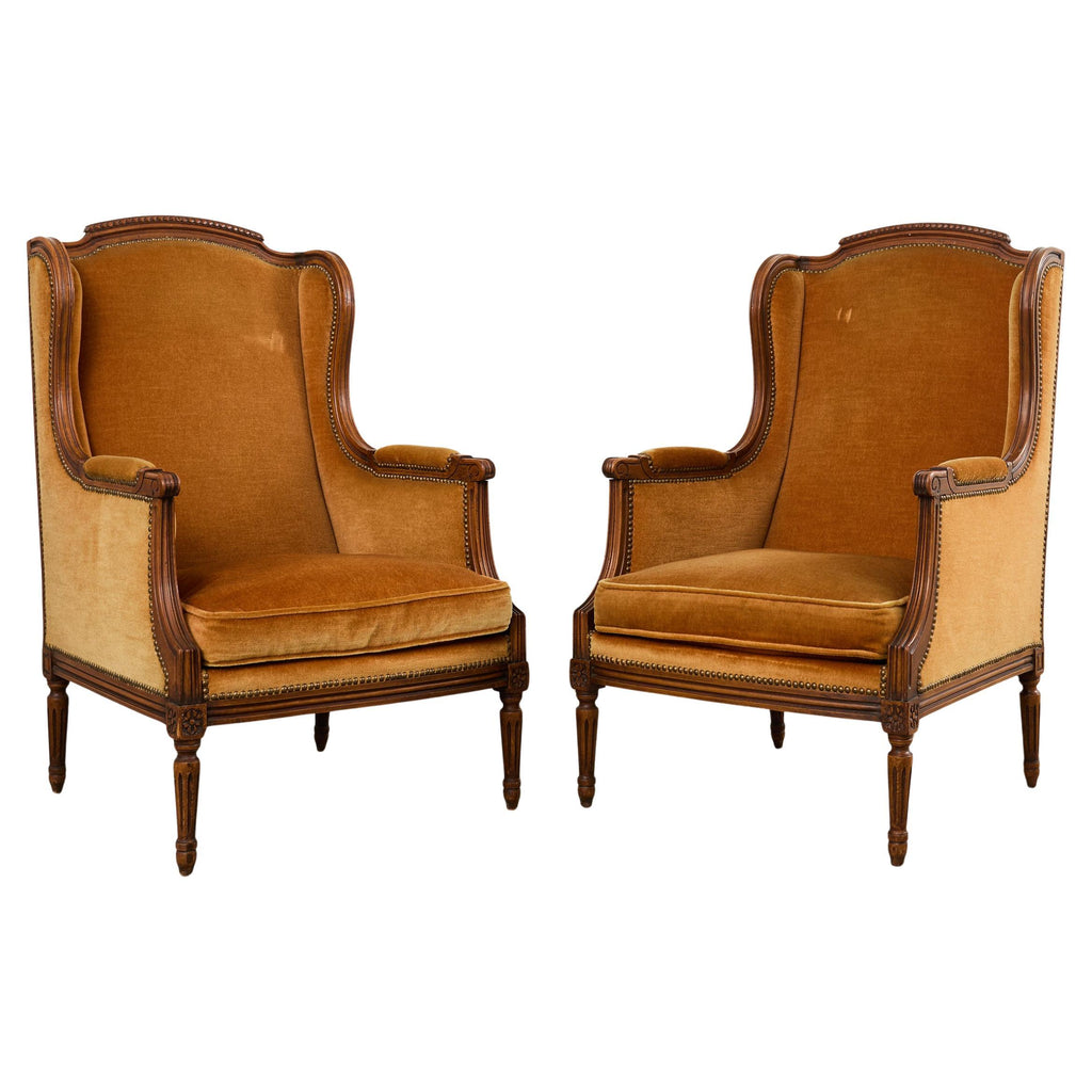 Pair Louis XVI Style Bergere á Oreilles Wingback Chairs