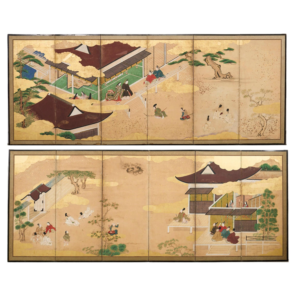 Pair Japanese Edo Six Panel Screens Legend of Minamoto