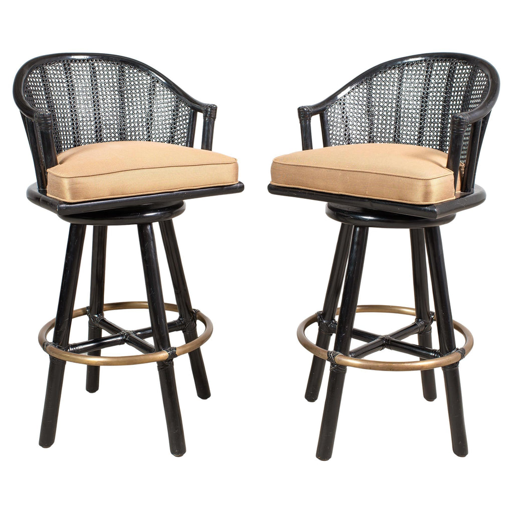 Pair of McGuire Lacquered Rattan Cane Swivel Barstools