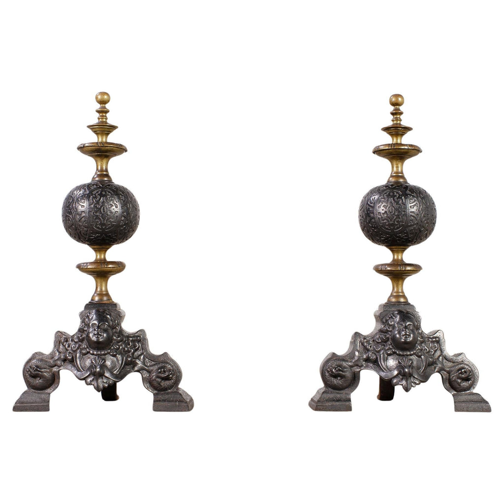 Pair of Dutch Baroque Style Iron Brass Andirons