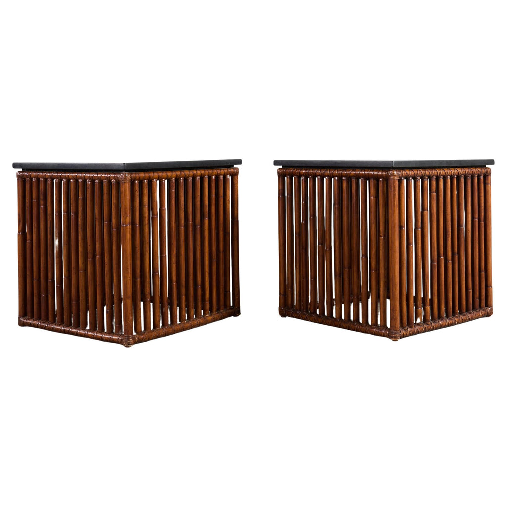 Pair of McGuire Bamboo Cube Granite Top Drinks Tables