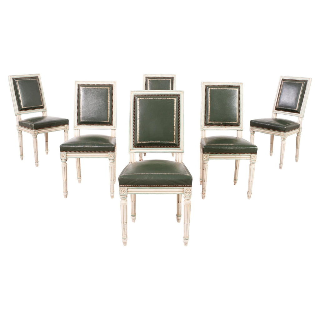 Set of Six Louis XVI Style Painted Dining Chairs Green Leather