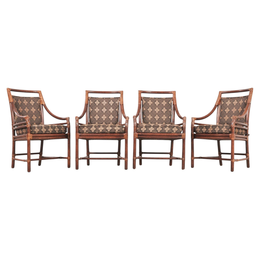 Set of Four McGuire Rattan Target Upholstered Dining Armchairs