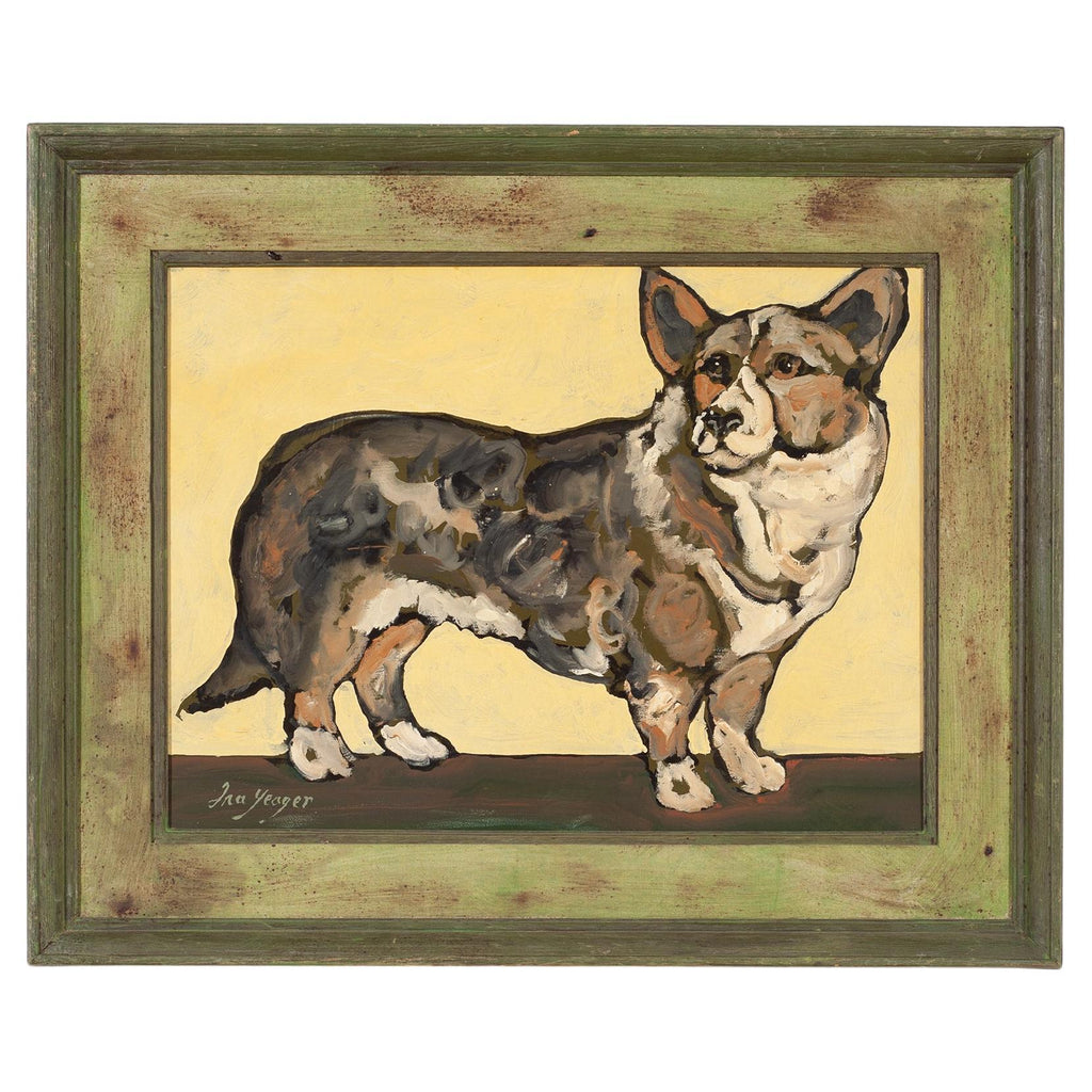 Ira Yeager Corgi Dog Oil on Canvas Folk Art Painting 2005