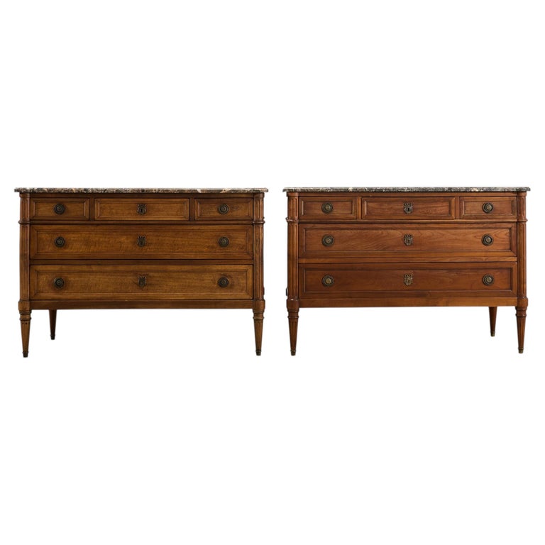 Pair of Louis XVI Style Marble Top Commodes Chest of Drawers
