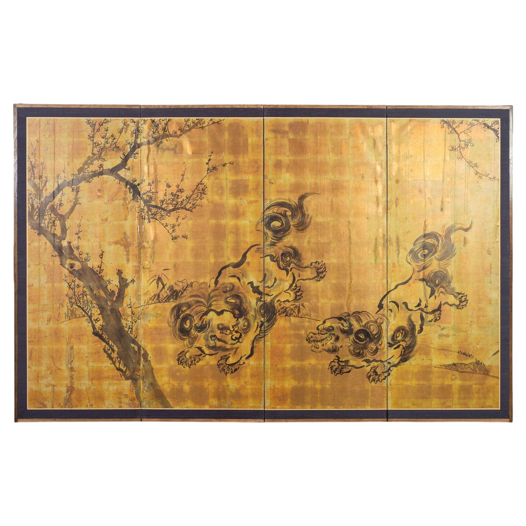 Japanese Showa Four Panel Screen Pair of Karashishi Foo Dogs