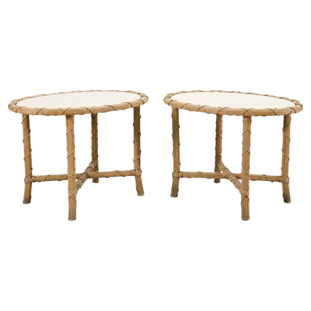 Pair of Danny Ho Fong Organic Modern Rattan Marble Tables