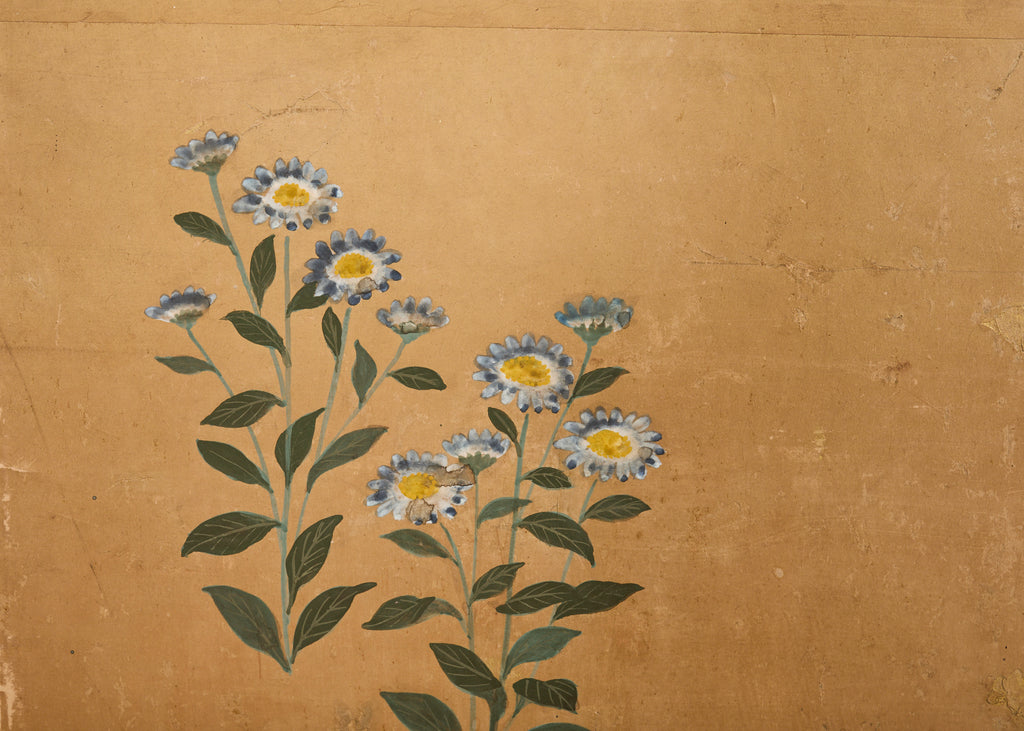 Japanese Showa Four Panel Screen Spring Flowers on Gilt