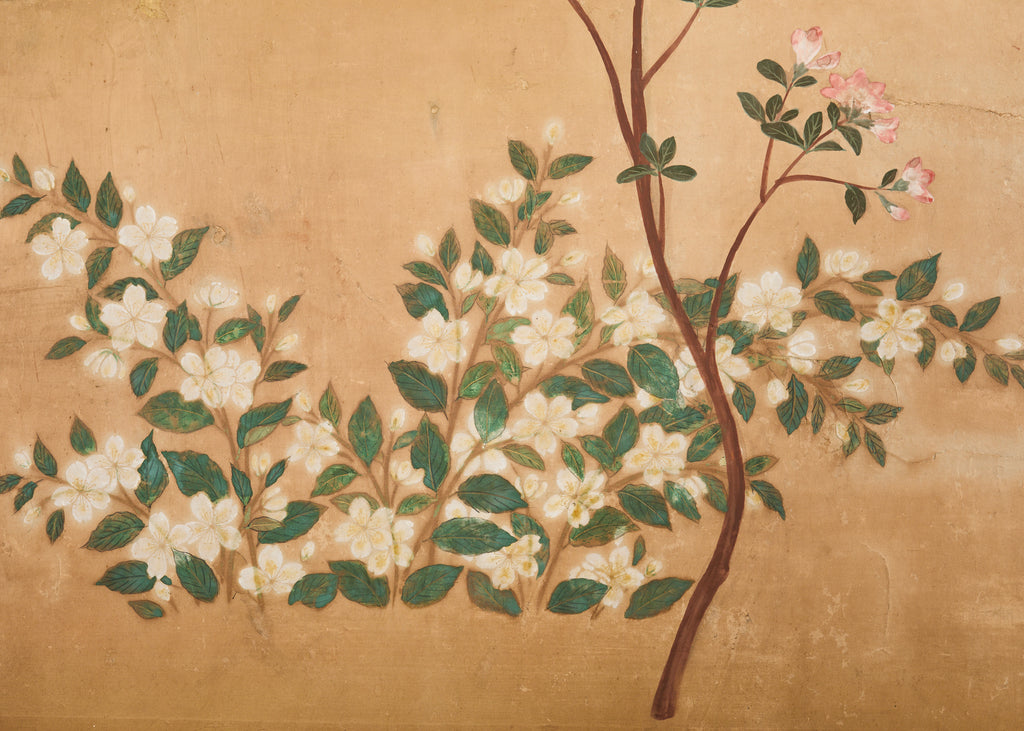 Japanese Showa Four Panel Screen Spring Flowers on Gilt