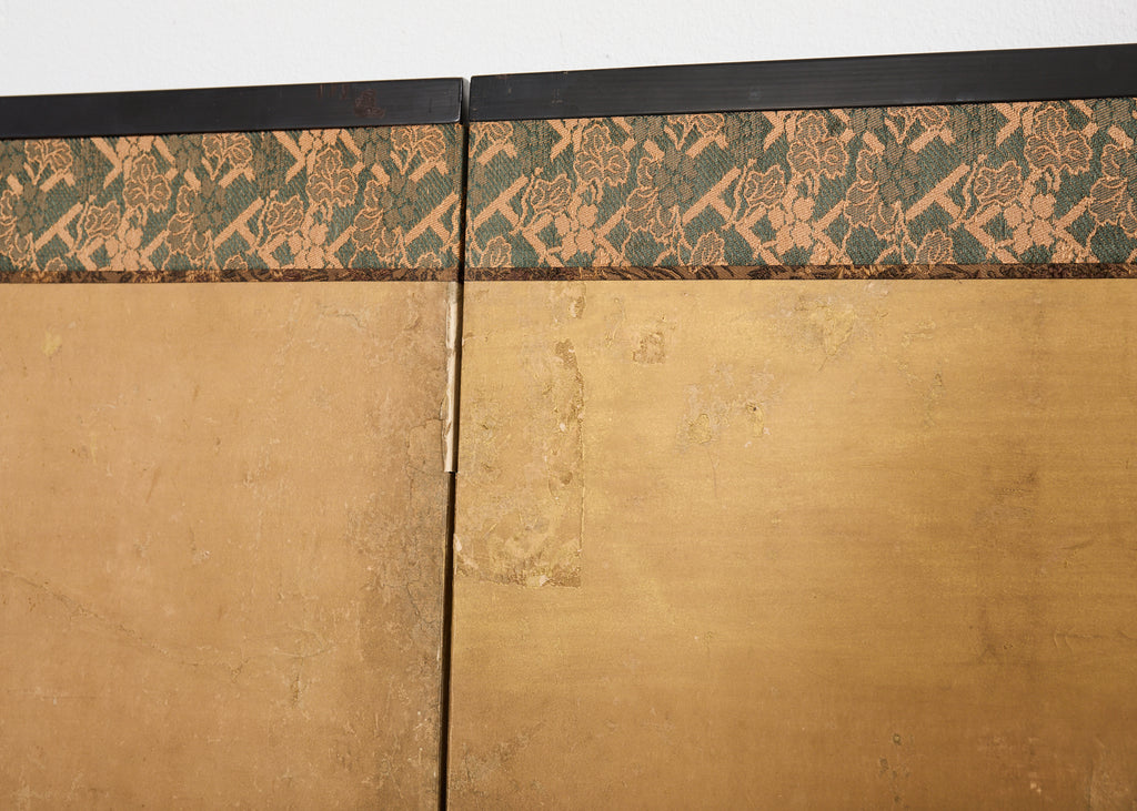 Japanese Showa Four Panel Screen Spring Flowers on Gilt