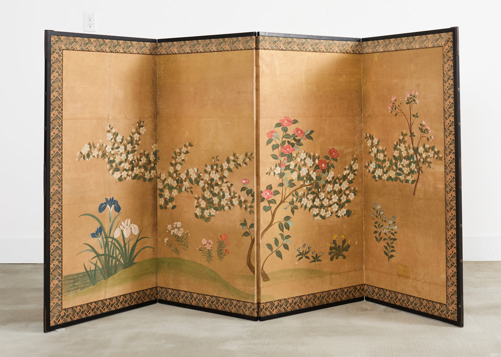 Japanese Showa Four Panel Screen Spring Flowers on Gilt