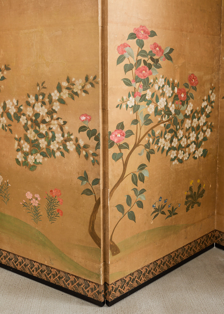 Japanese Showa Four Panel Screen Spring Flowers on Gilt