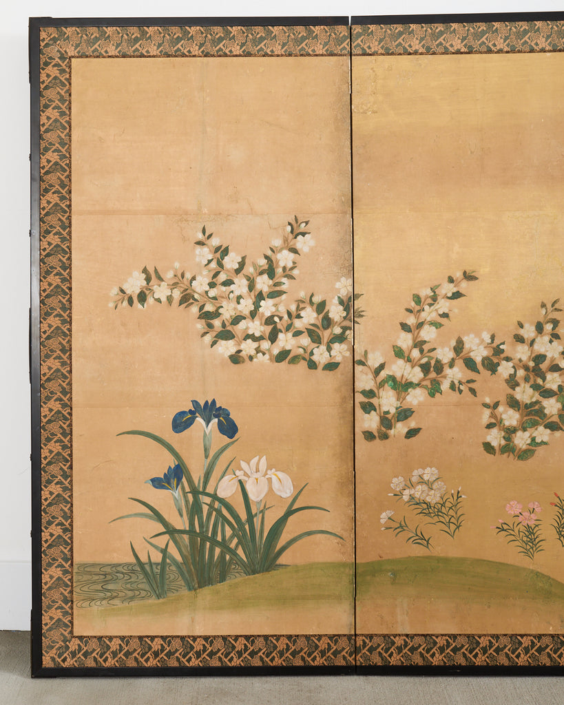 Japanese Showa Four Panel Screen Spring Flowers on Gilt
