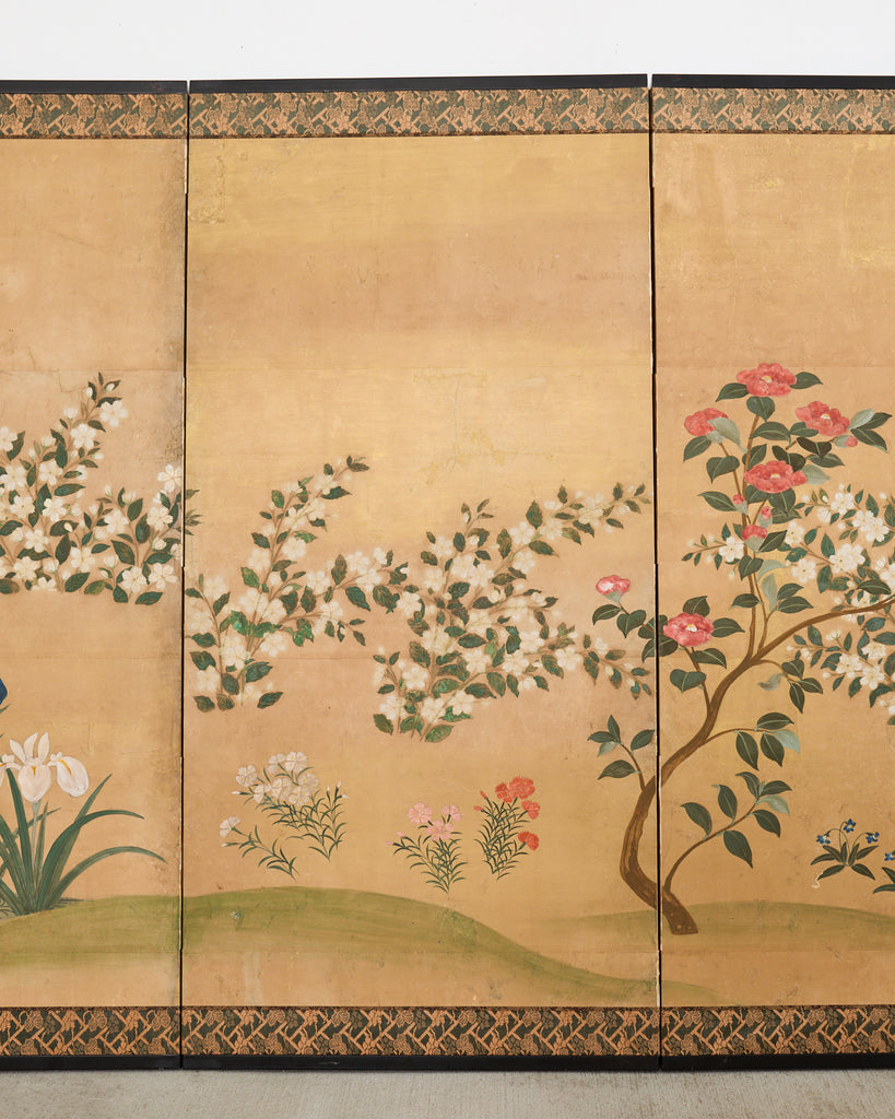 Japanese Showa Four Panel Screen Spring Flowers on Gilt