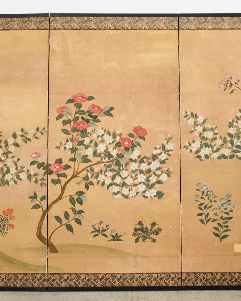 Japanese Showa Four Panel Screen Spring Flowers on Gilt