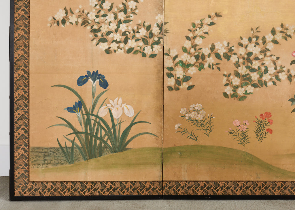 Japanese Showa Four Panel Screen Spring Flowers on Gilt