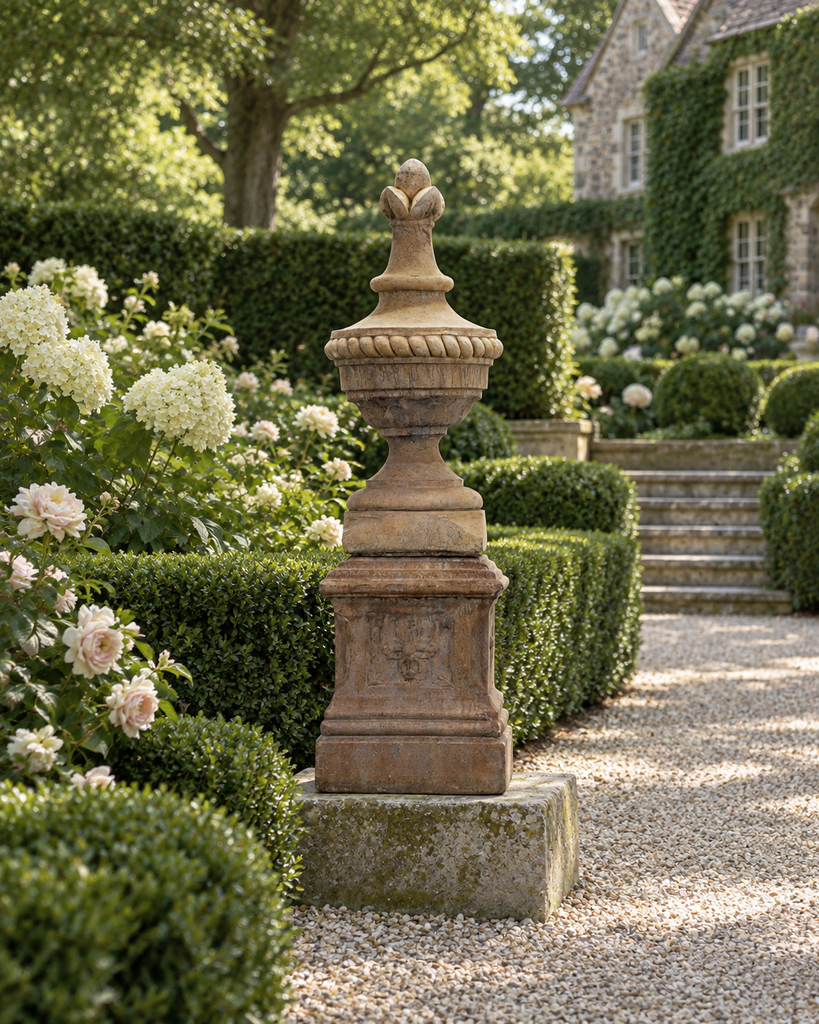 Neoclassical Cast Stone Garden Finial on Pedestal 44 Inch