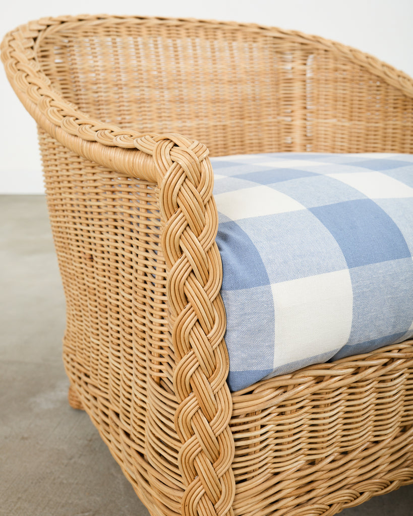 Pair of McGuire Rattan Wicker Lounge Chairs and Ottoman