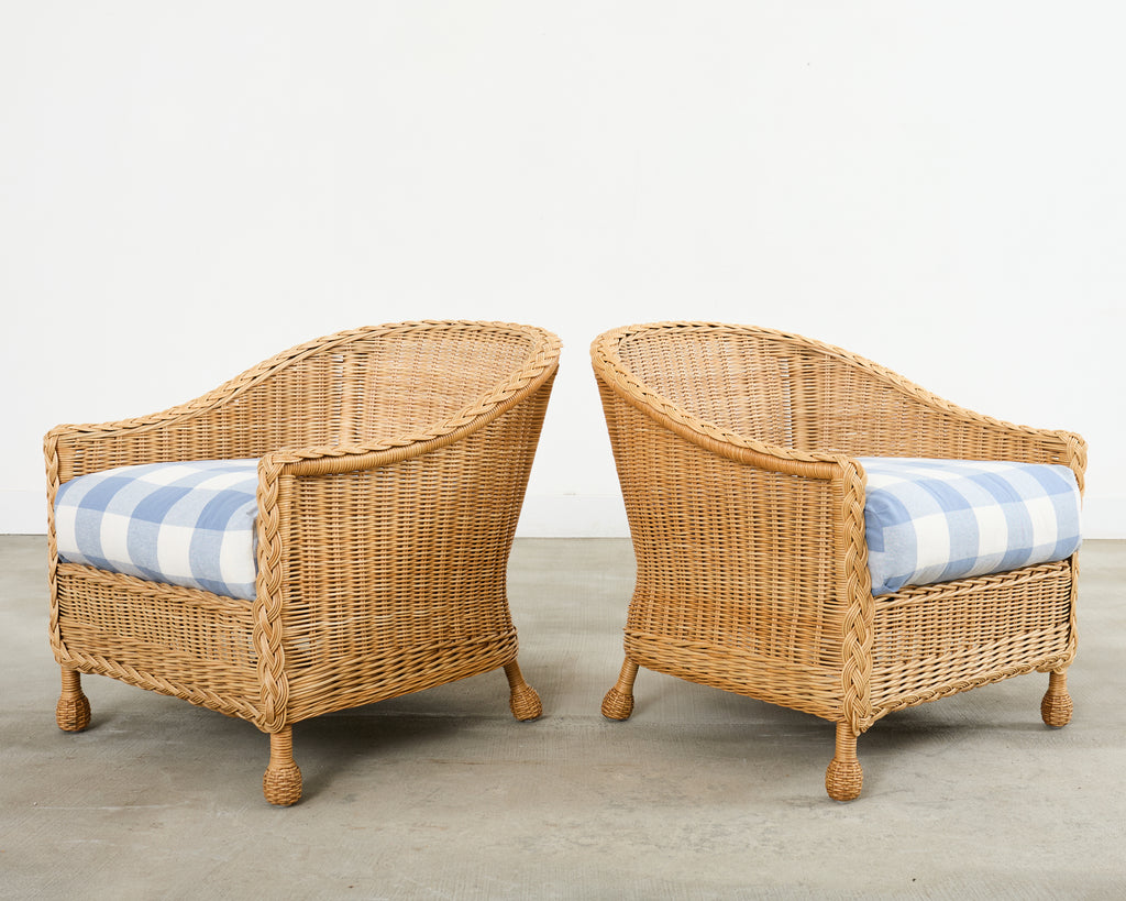 Pair of McGuire Rattan Wicker Lounge Chairs and Ottoman