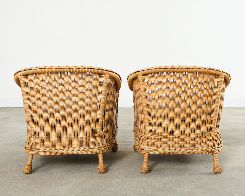 Pair of McGuire Rattan Wicker Lounge Chairs and Ottoman